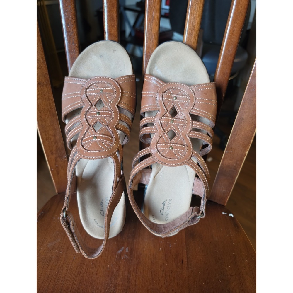 Clarks Brown Leather Strappy Buckle Flat Sandals Women's US 10 Stitched
